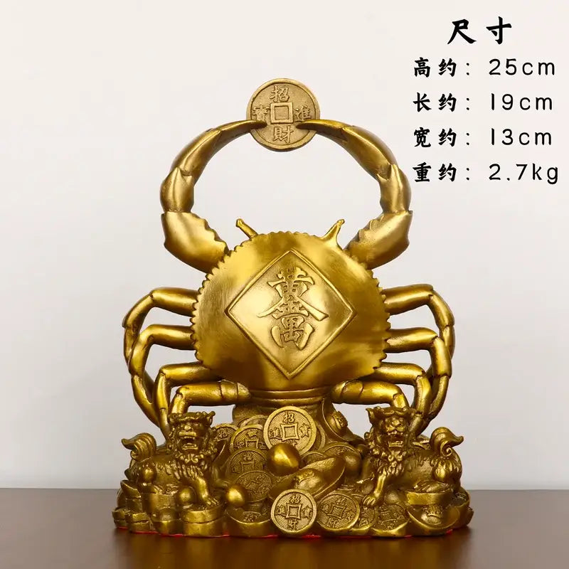 Golden brass copper crab ornament with intricate carvings wealth character and coins for luxury living room decor