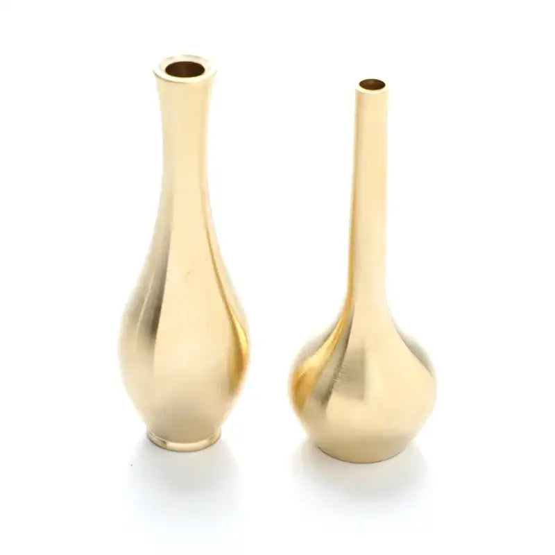 Two elegant DecorBites™ pure copper tall vases in gold with slender necks and smooth home decor finish