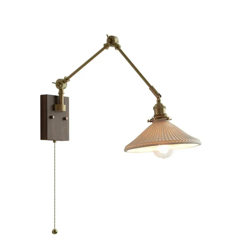 Antique brass decorbites copper swing arm wall lamp with ribbed frosted glass shade and dark wood mounting plate