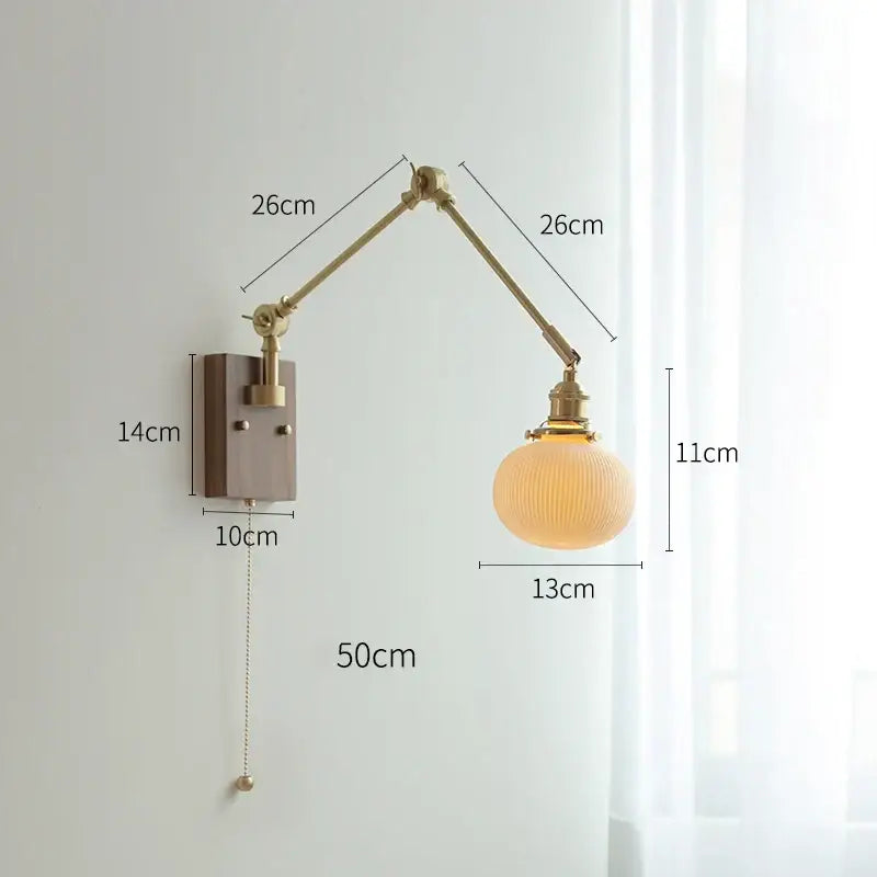 Adjustable brass wall lamp decorbites copper swing arm with ribbed frosted glass globe for bedroom lighting