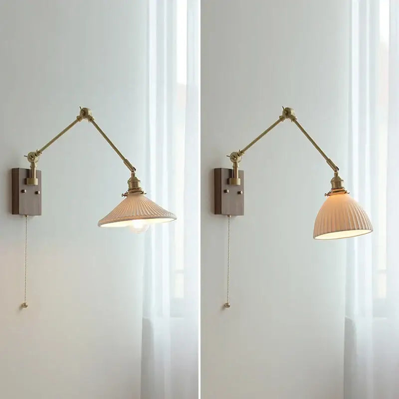 Brass-finished decorbites copper swing arm wall lamp with ribbed off-white glass shade and pull-chain switch for bedroom