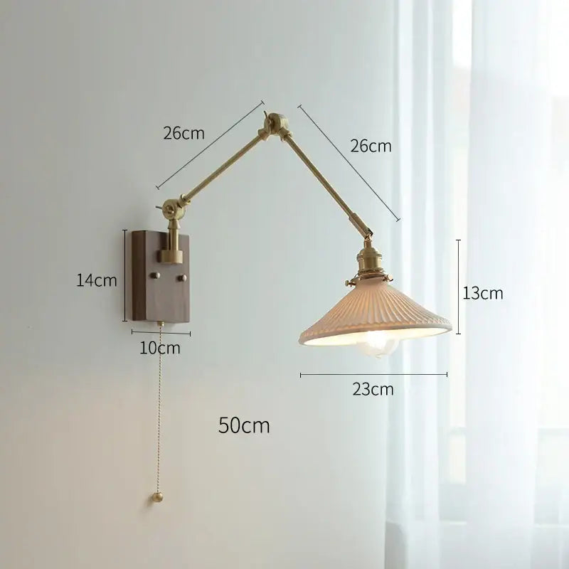 Adjustable brass wall lamp decorbites copper swing arm with ribbed off-white glass shade for bedroom use