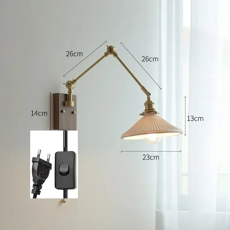 Adjustable brass wall lamp decorbites copper swing arm with ribbed cream glass shade for bedroom lighting