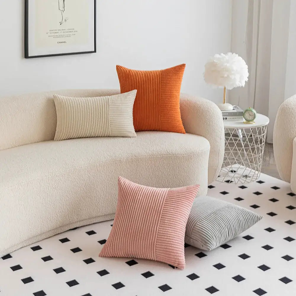 Orange corduroy striped patchwork pillow cover by Decorbites with vertical seam in two-tone design for living room