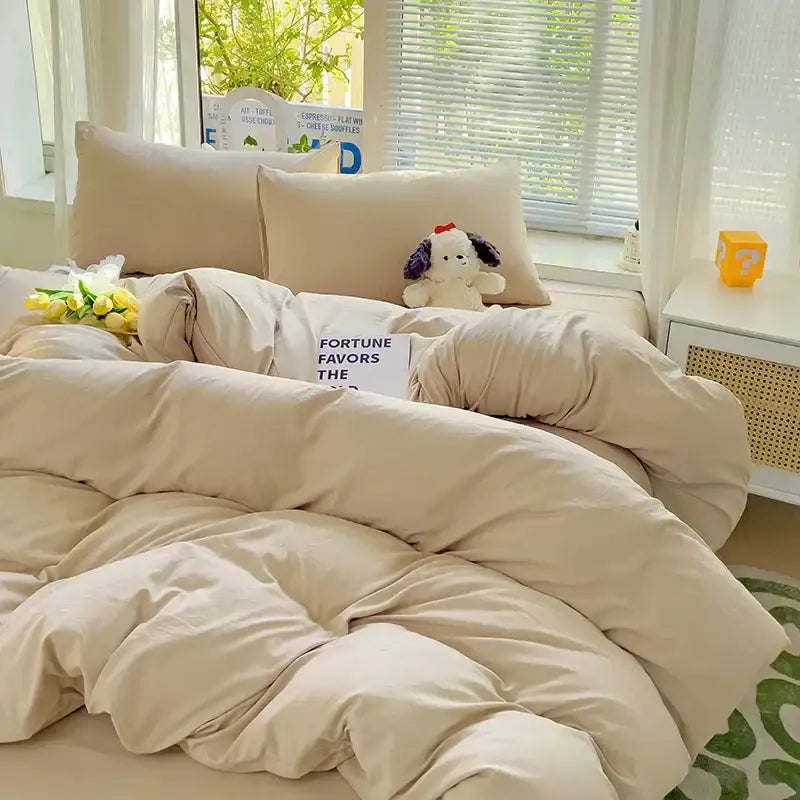 Beige plush quilted duvet cover from DecorBites cotton bedding set with soft fabric and cozy texture