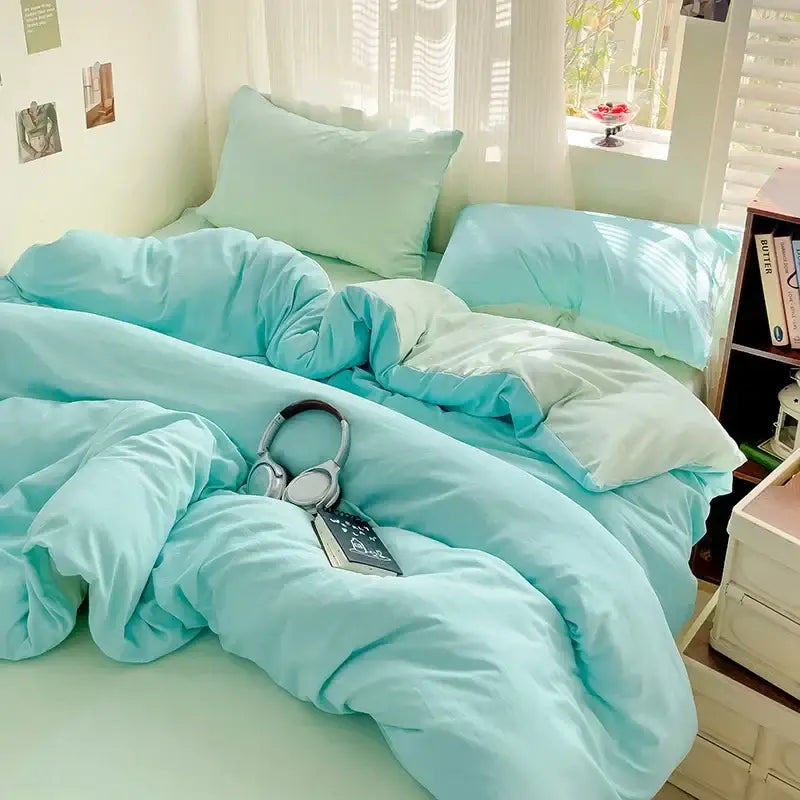 Decorbites™ cotton bedding set with mint green plush duvet cover and matching pillows for cozy bedroom decor