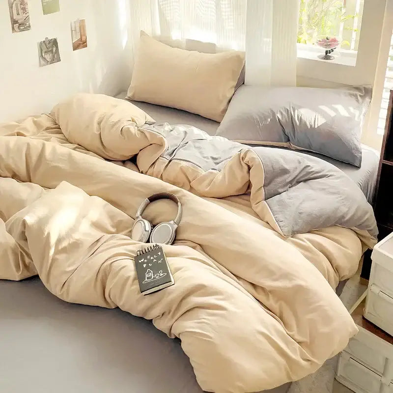 Cream-colored plush decorbites™ cotton bedding set with soft duvet cover and matching pillows for cozy sleep