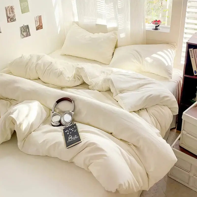 DecorBites™ cream-colored plush quilted cotton bedding set with soft duvet cover and matching pillows