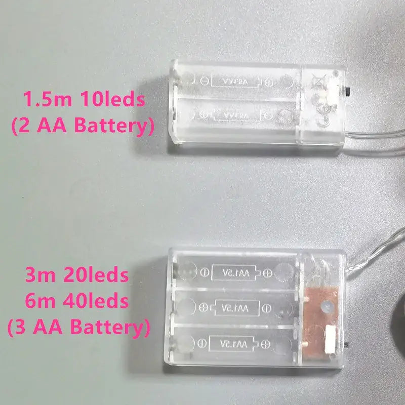 Clear plastic led battery pack with labeled lengths and led counts for decorbites cotton garland led string lights