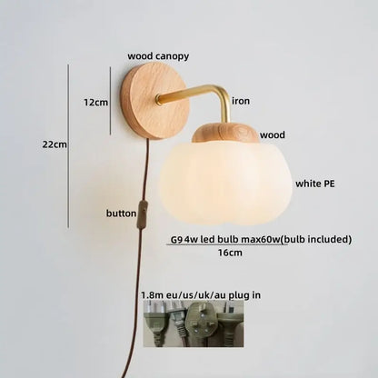A warm-toned decorbites cotton led wall lamp with natural wood canopy and frosted white pe glass shade for bedrooms