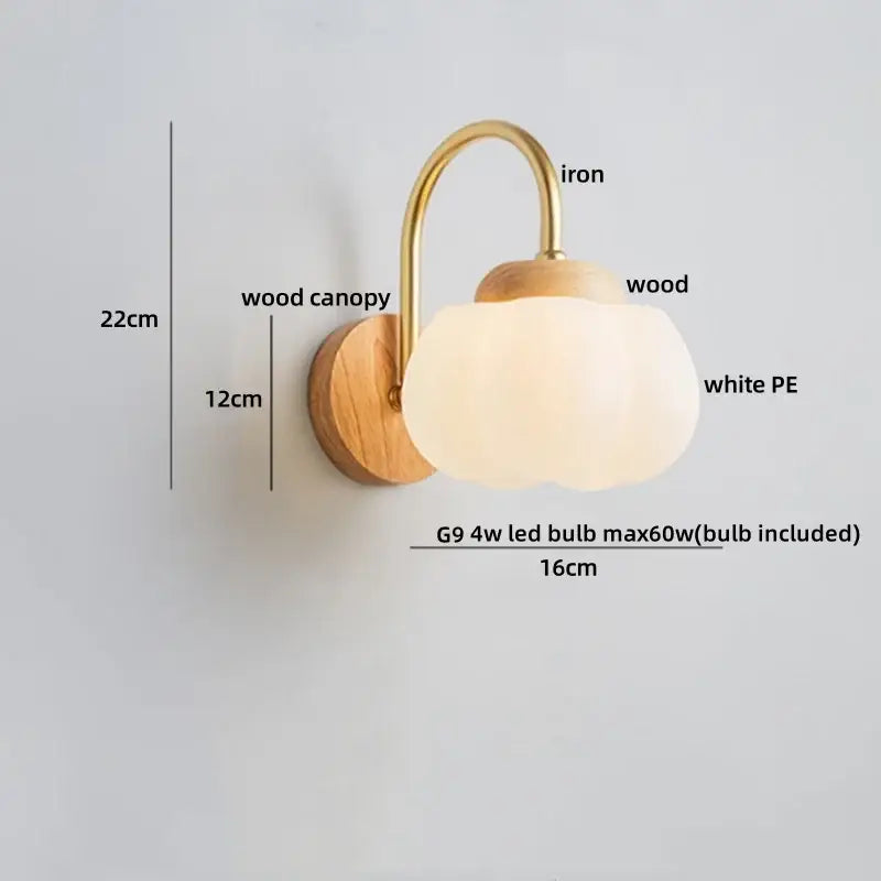 A warm-toned decorbites cotton led wall lamp with brass iron arm, natural wood base, and opaque white cotton led wall shade