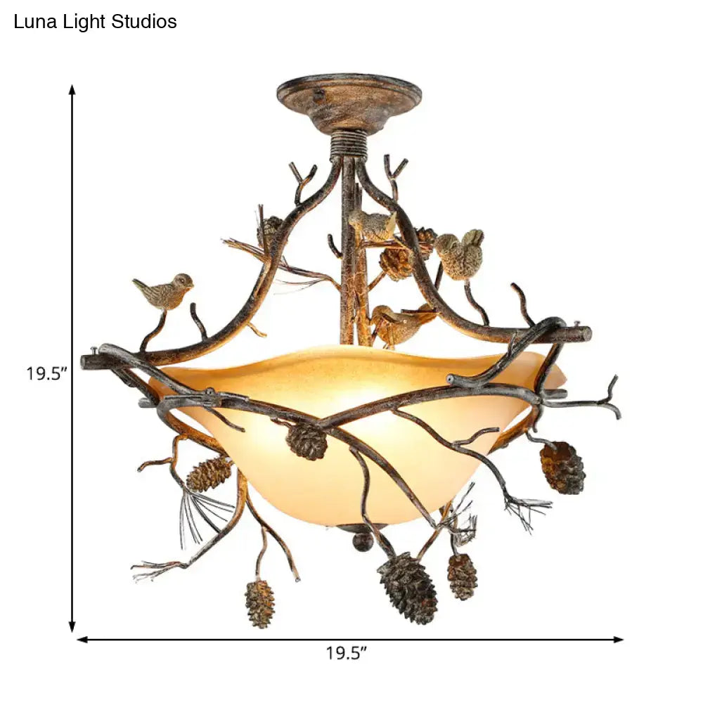 Rustic bronze-finished decorbites™ country bronze 3-light bowl semi flush ceiling light with pinecone and bird design