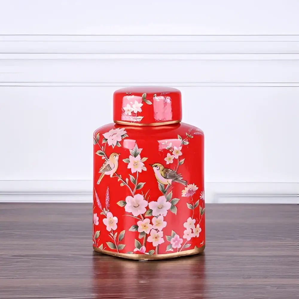 Decorbites country ceramic vibrant red tea caddy with pink floral bird motifs and gold trim for elegant dining room decor