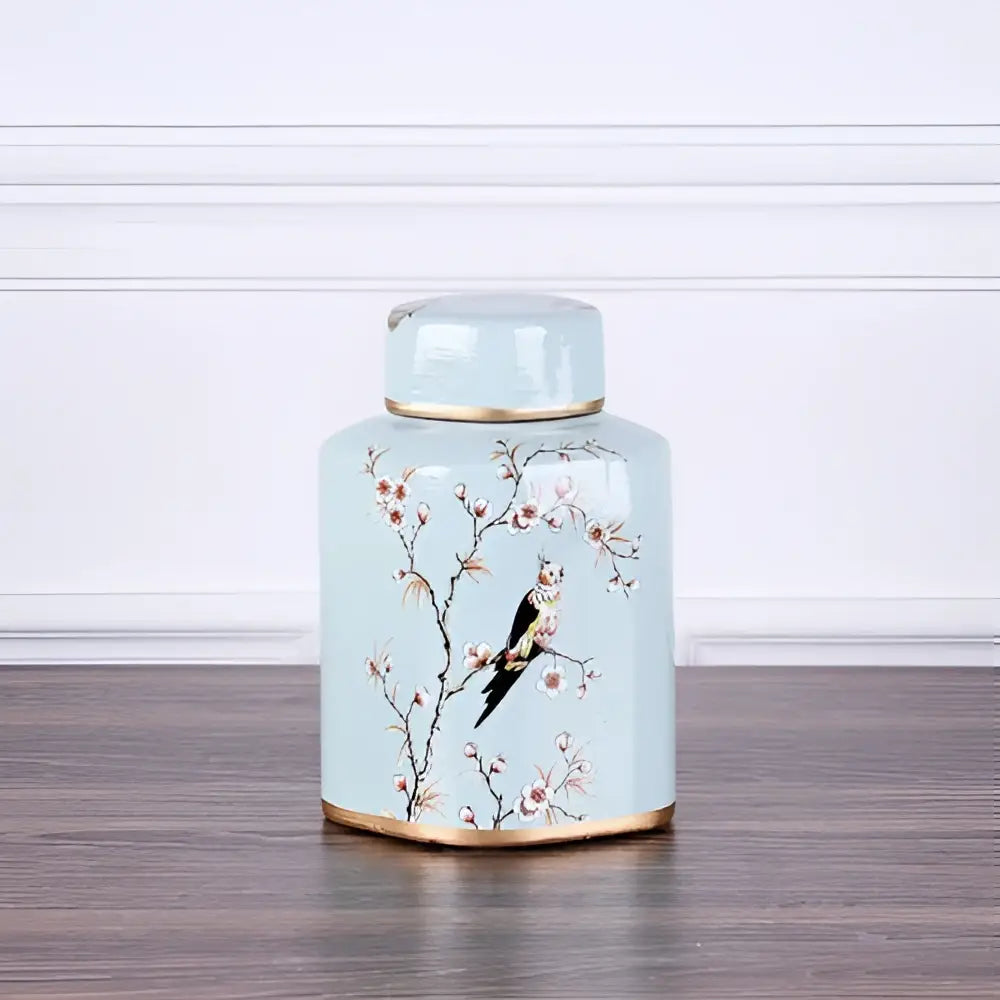 Decorbites country ceramic light blue tea canister with gold trim and hand-painted blossoms for dining room decor