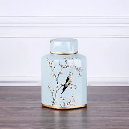 Decorbites country ceramic light blue tea canister with gold trim and hand-painted blossoms for dining room decor