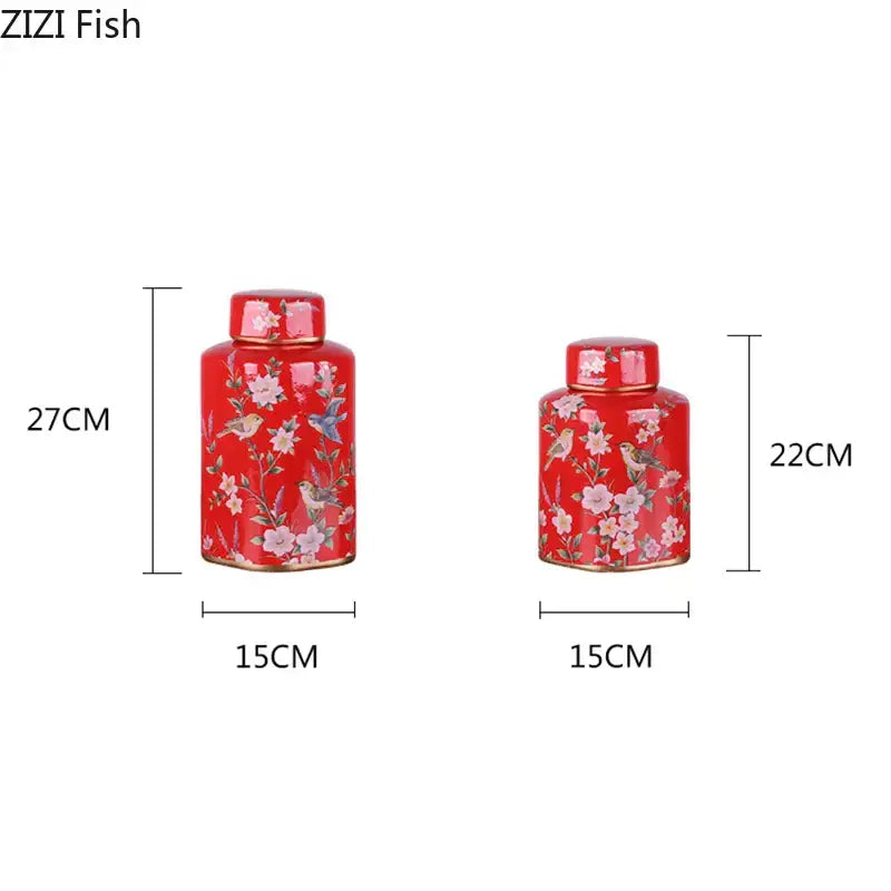 Red ceramic tea caddies with gold-trimmed lids and floral bird motifs by decorbites country ceramic for dining room decor