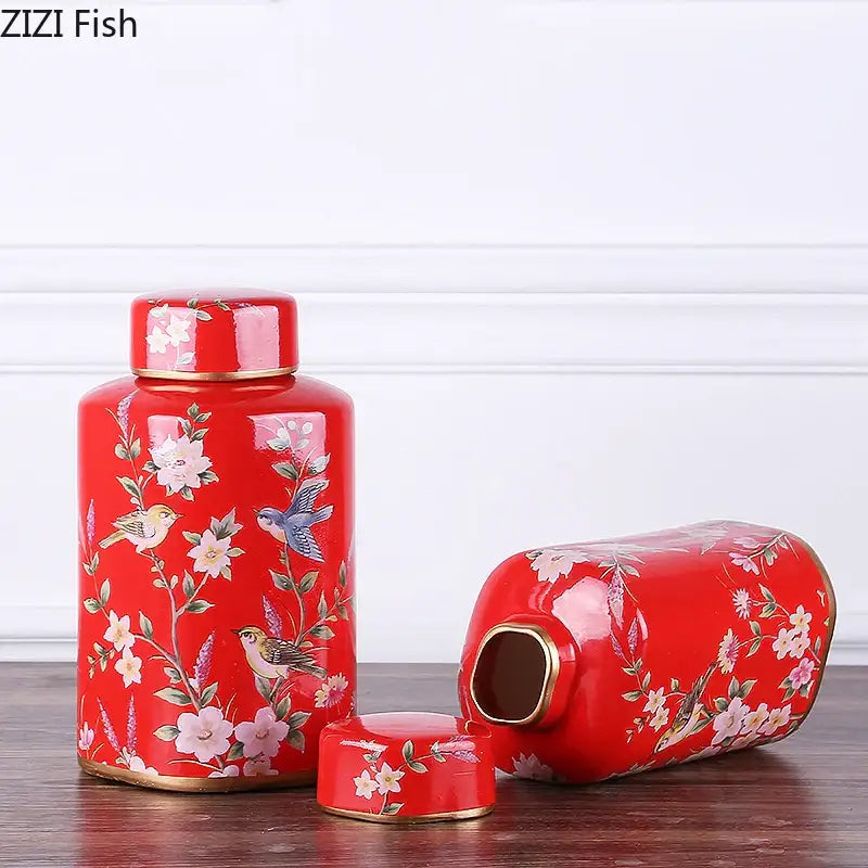 Red ceramic tea caddy with gold trim and floral bird motifs for decorbites country ceramic dining room decor