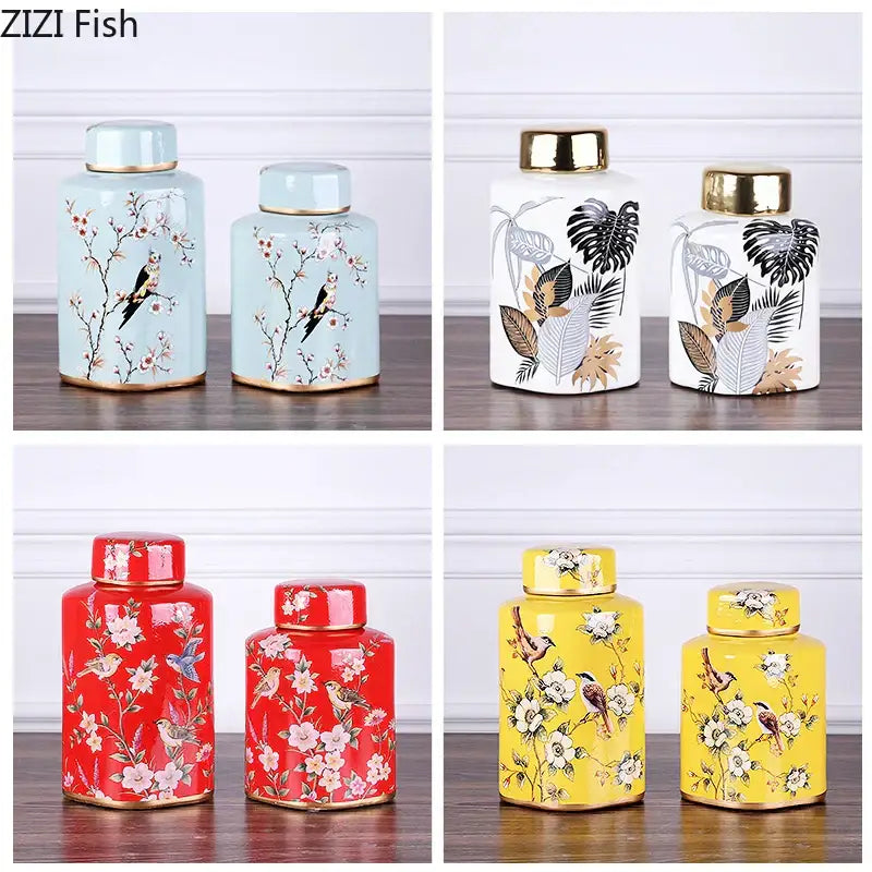 Set of four decorbites country ceramic decorative jars with gold-trimmed lids and vibrant floral bird motifs