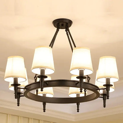 Black wrought iron decorbites country fabric chandelier with six cream fabric shades for bedroom lighting