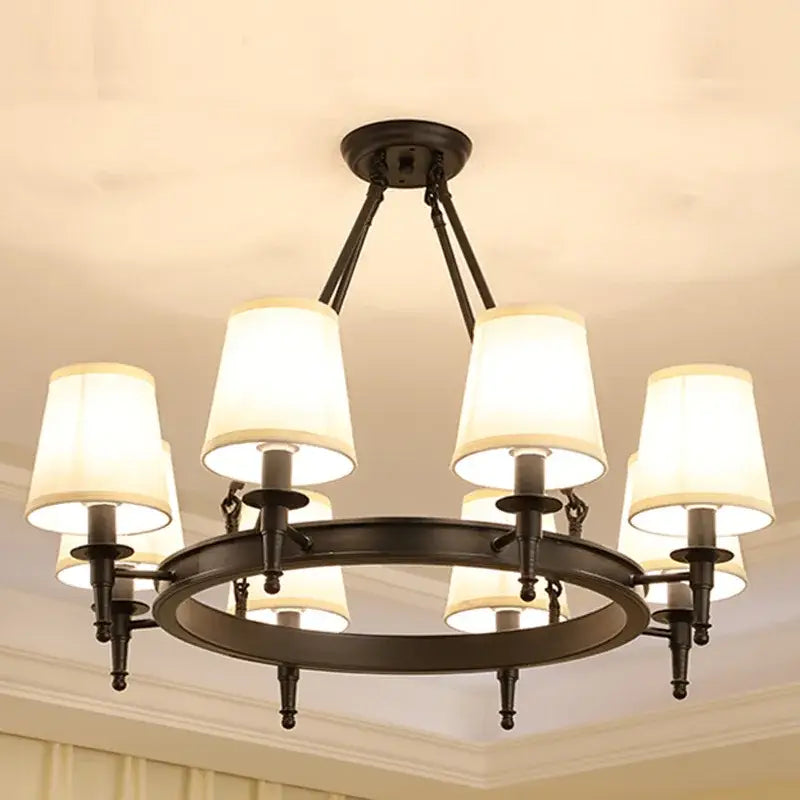 Black wrought iron decorbites country fabric chandelier with six cream fabric shades for bedroom lighting