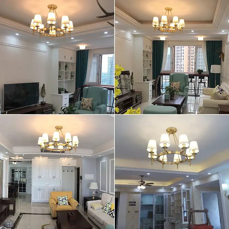 Gold-toned decorbites country fabric brass chandelier with circular frame and three frosted glass shades for bedroom