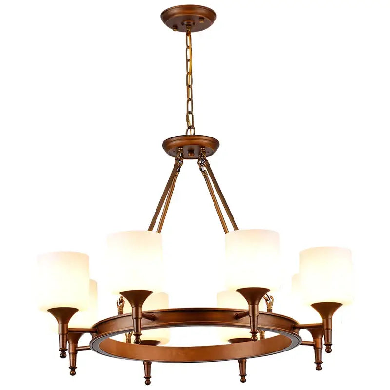 Antique brass decorbites country fabric chandelier with eight frosted glass shades and circular frame for bedroom