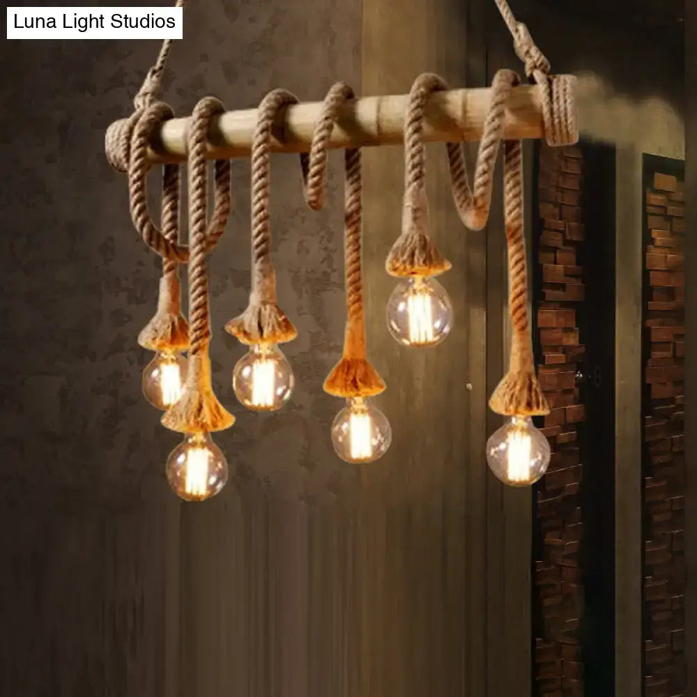 Decorbites™ country hemp rope pendant lighting with bamboo stick and six exposed filament bulbs in brown finish