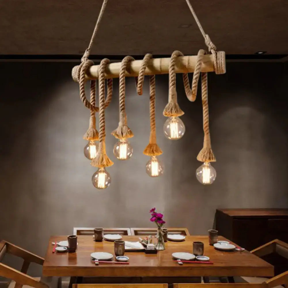 Rustic bamboo chandelier with exposed bulbs and thick beige country hemp rope in brown finish pendant lighting