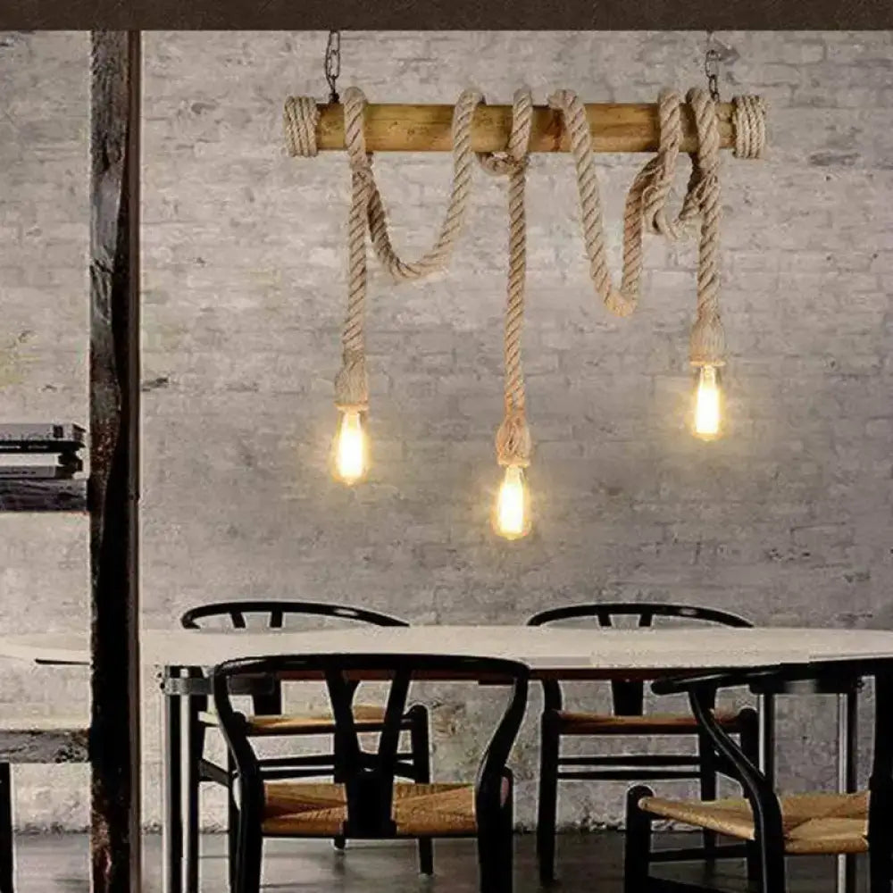Rustic decorbites™ bamboo hanging lamp with thick beige hemp rope and exposed bulb fixtures for restaurants