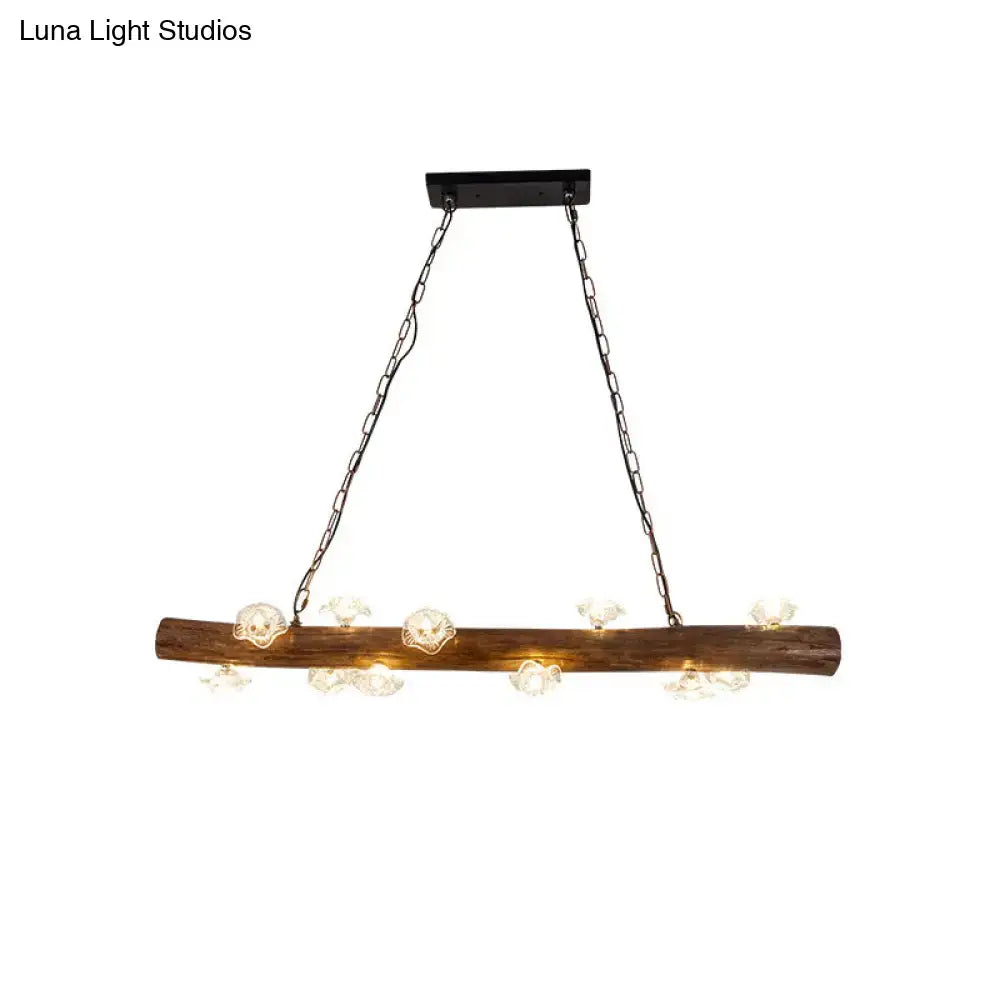 Rustic wooden log indoor pendant mushroom chandelier with clear glass skull accents and black metal chains country style