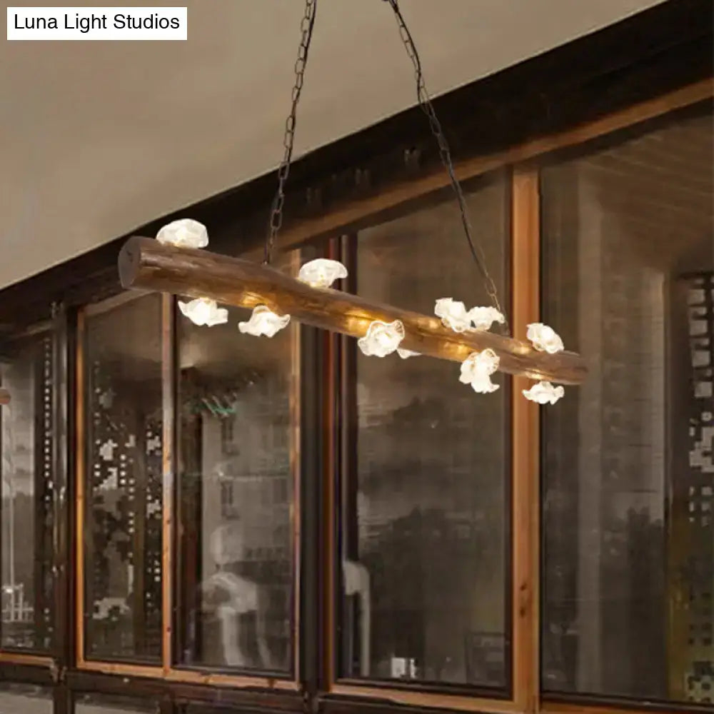 Rustic wooden log mushroom chandelier with 12 white flower-shaped glass shades for country style indoor pendant lighting