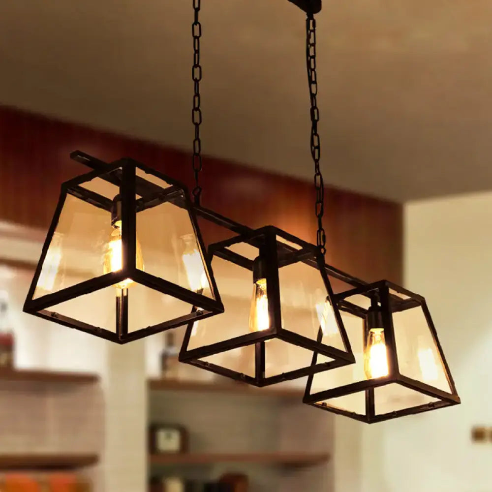 Decorbites countryside clear glass island pendant light with black metal frame and three warm filament bulbs with chain cord length
