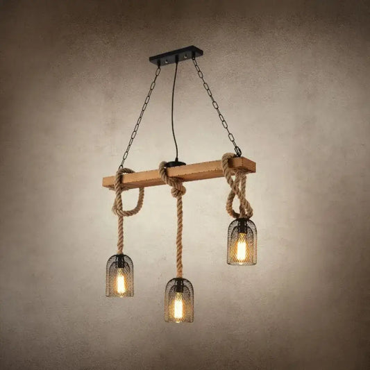 DecorBites™ countryside mesh pendant lamp with rustic wooden beam, thick rope suspension, and three metal lampshades