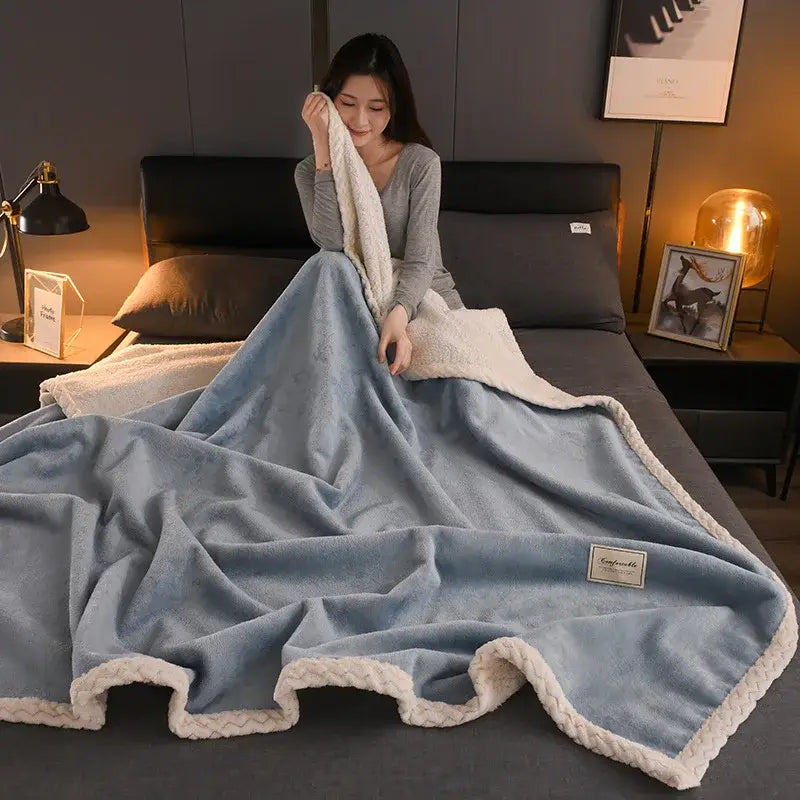 Decorbites cozy autumn gray and white plush blanket with soft blue fabric, white fleece border, and braided edge throw