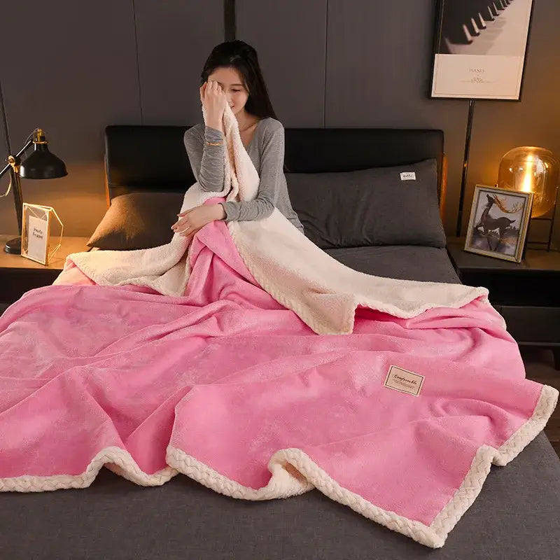 Pink and cream two-sided plush blanket with soft textured surface and braided edge trim by decorbites cozy autumn
