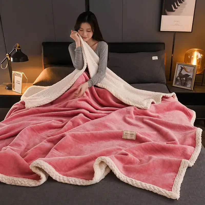 Pink plush decorbites cozy autumn blanket with cream braided fleece border for living room throw use