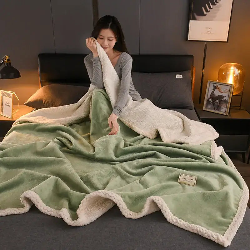 Decorbites cozy autumn soft mint green and cream two-sided plush blanket with braided edge for living room throw