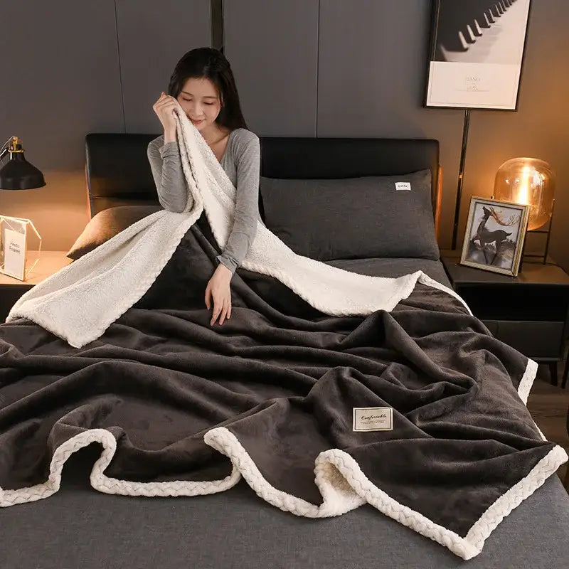 A decorbites cozy autumn gray and white plush blanket with braided trim featuring a soft fleece interior for living room use