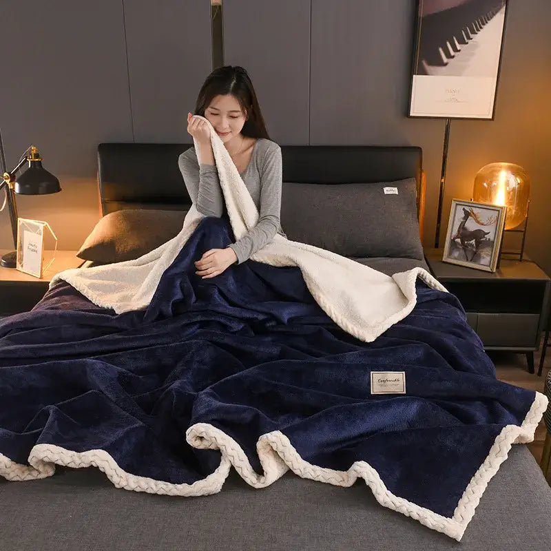 Navy blue plush throw blanket with cream braided trim showcasing decorbites cozy autumn soft cozy autumn blanket