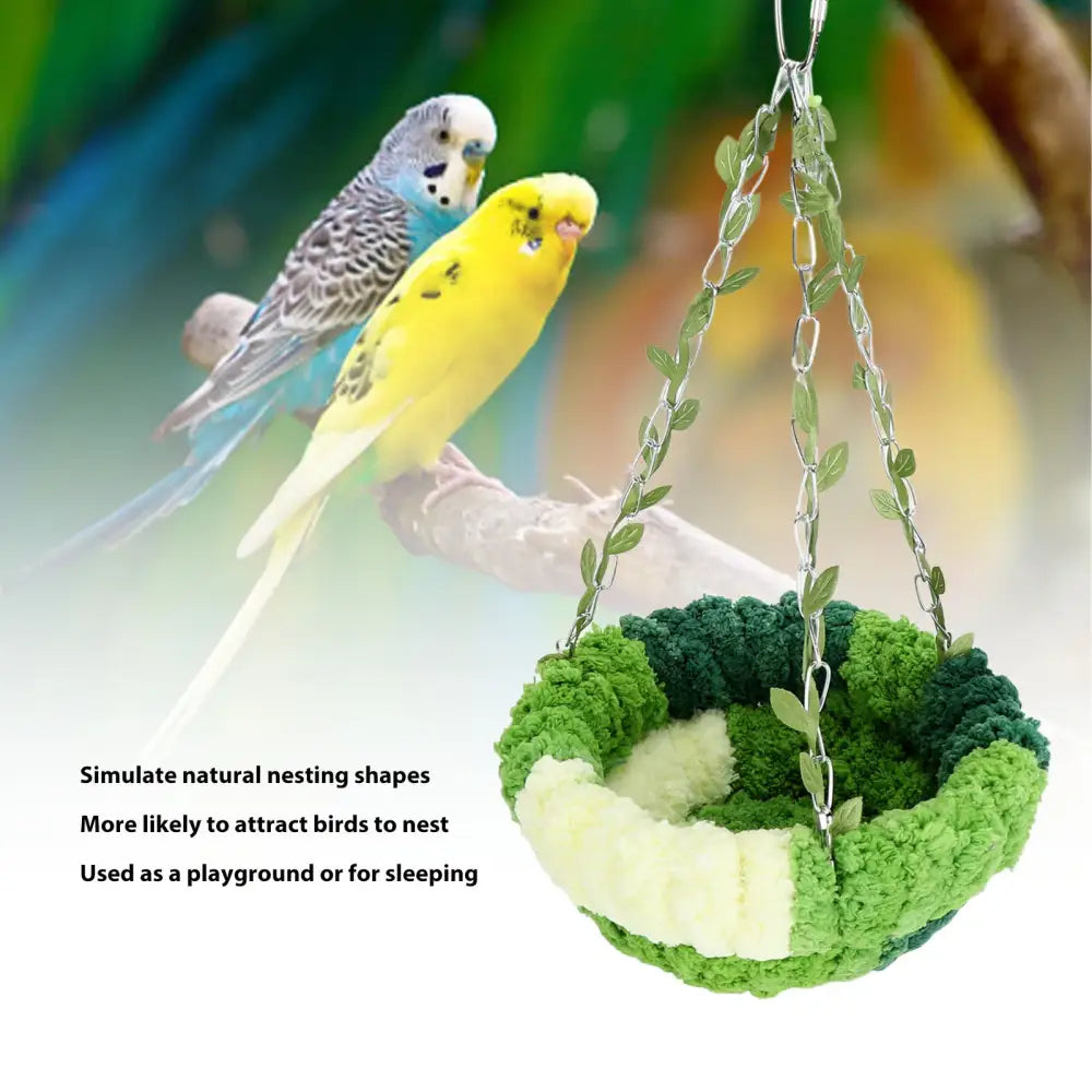 Green and cream coral fleece parrot hammock bed by DecorBites suspended with metal chains and leaf-shaped charms