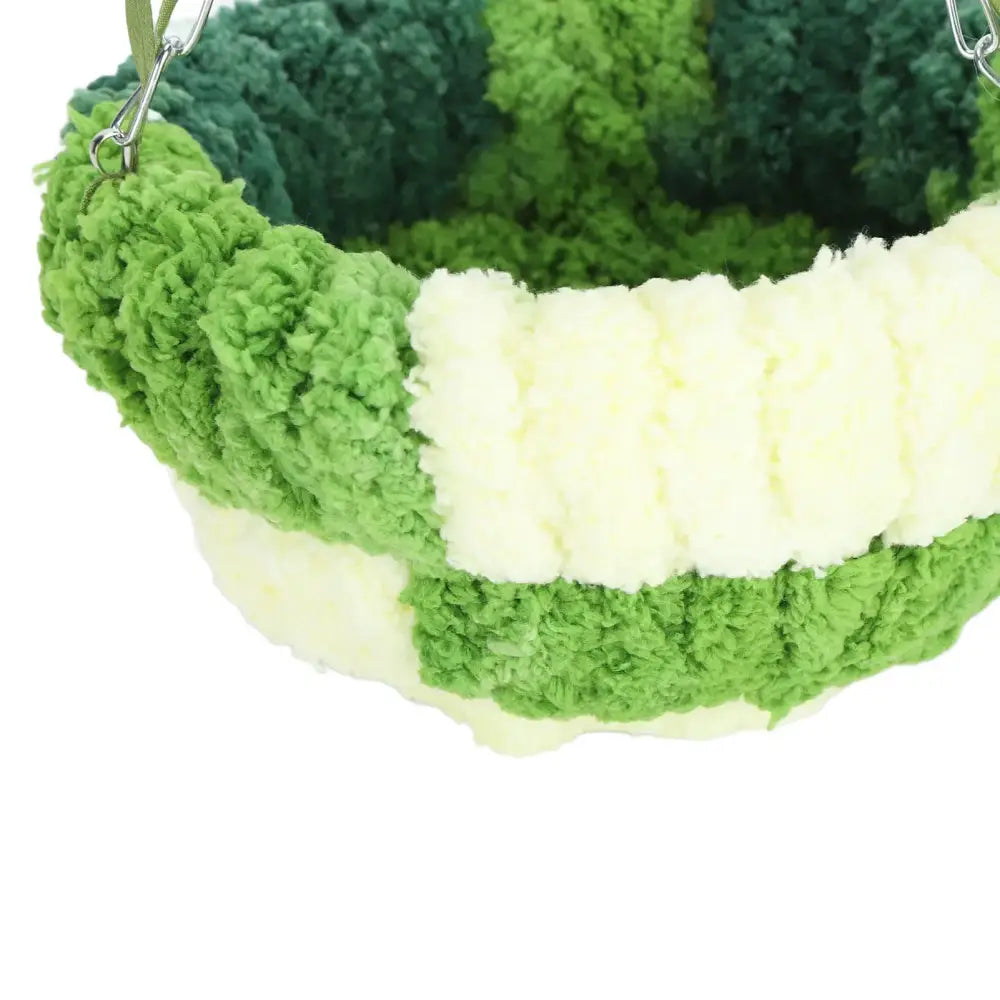 DecorBites™ cozy coral fleece parrot hammock bed in green with plush alternating cream sections made of soft yarn