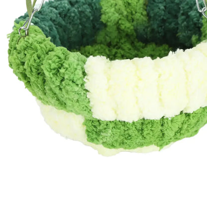 DecorBites™ cozy coral fleece parrot hammock bed in green with plush alternating cream sections made of soft yarn