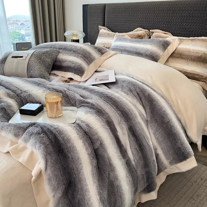 Decorbites cozy faux fur gray and white bedding set with soft plush texture and gradient stripes for bedroom use