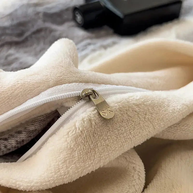 Cream-colored plush fleece blanket with white zipper and gold pull tab from decorbites cozy faux fur bedding set