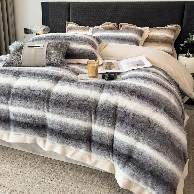 Decorbites cozy faux fur bedding set with plush gray and white striped comforter featuring soft edges and texture