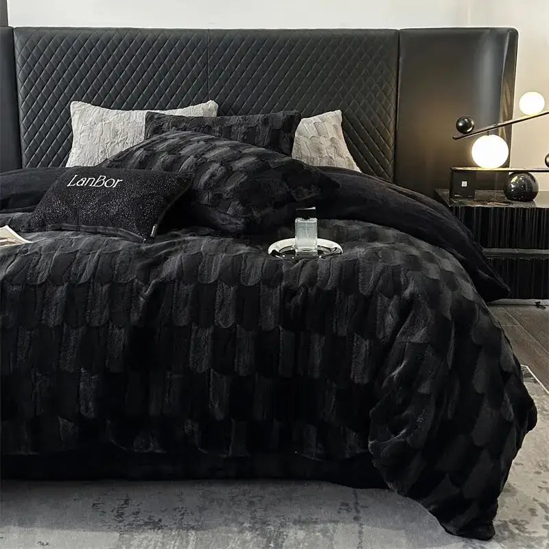 Black quilted velvet duvet bedding set with scalloped pattern and matching pillows from decorbites cozy faux rabbit fur collection