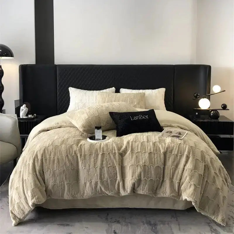 Beige textured quilted bedding set with decorbites cozy faux rabbit fur pillows and black tufted headboard in bedroom
