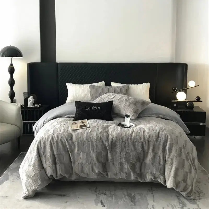 Black quilted headboard with sleek modern design and subtle texture in decorbites cozy faux rabbit fur bedding set bedroom