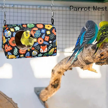 DecorBites warm bird parrot nest hammock is a colorful floral-patterned cozy hanging hammock with cute animal motifs