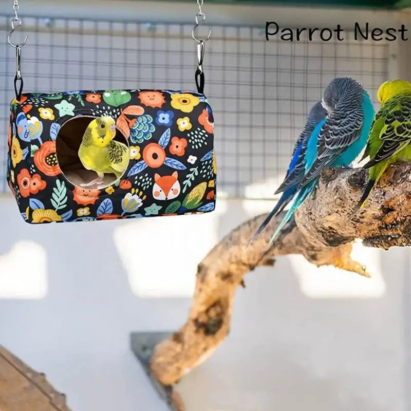 DecorBites warm bird parrot nest hammock is a colorful floral-patterned cozy hanging hammock with cute animal motifs